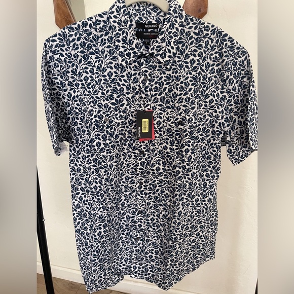 Murano blue and white floral short sleeve button down shirt - large - Picture 2 of 9